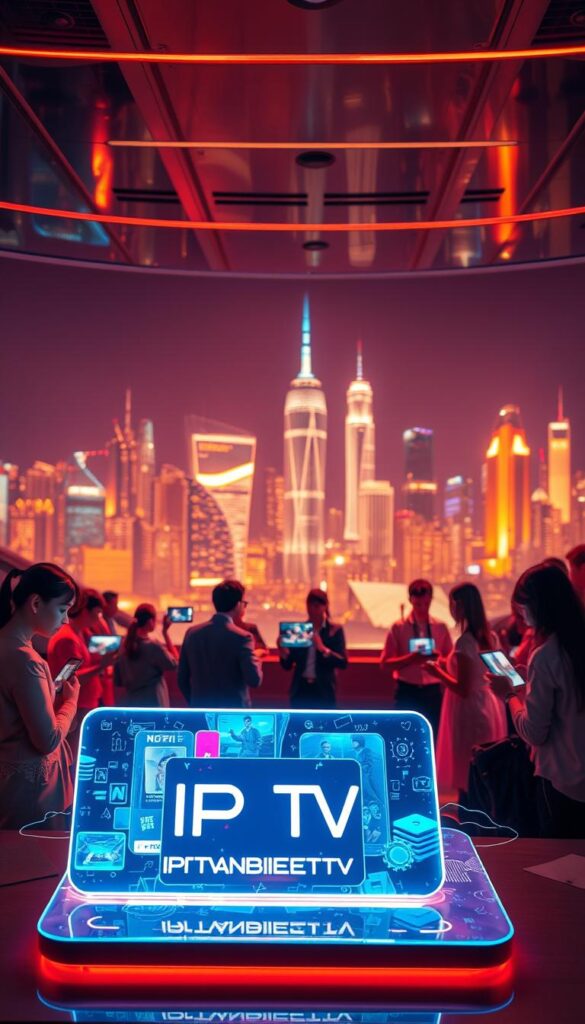 A vivid, futuristic scene of the IPTV revolution. In the foreground, a sleek, holographic display showcases the IPTVANBIETERTV brand, its dynamic interface and cutting-edge features. In the middle ground, a diverse group of people engage with their IPTV devices, immersed in a world of seamless entertainment. The background depicts a cityscape bathed in a warm, neon-tinged glow, symbolizing the technological advancements transforming the traditional television landscape. The lighting is dramatic, with sharp contrasts and a sense of energy, highlighting the transformative power of IPTV. The camera angle is slightly elevated, providing a commanding, bird's-eye view of this digital media revolution.