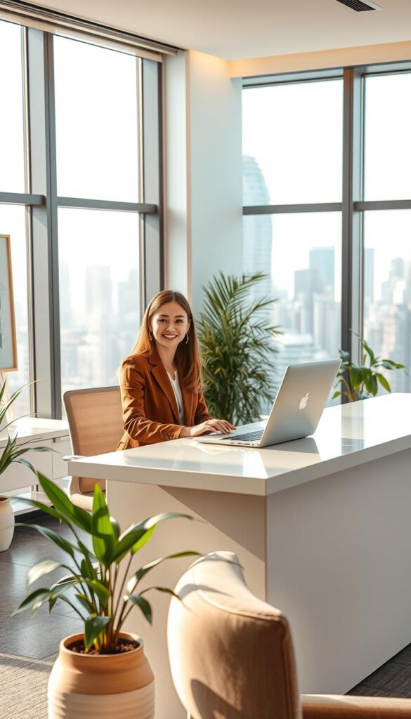 A warm, inviting customer support office for IPTVANBIETERTV, with a friendly representative assisting a customer at a sleek, modern desk. The lighting is soft and natural, with large windows overlooking a bustling city skyline in the background. The representative's attentive expression and welcoming body language create a sense of professionalism and care. The office is tastefully decorated with plants, artwork, and minimalist furniture, conveying a sense of quality and attention to detail. The overall atmosphere is one of efficiency, reliability, and a commitment to providing top-notch customer service.