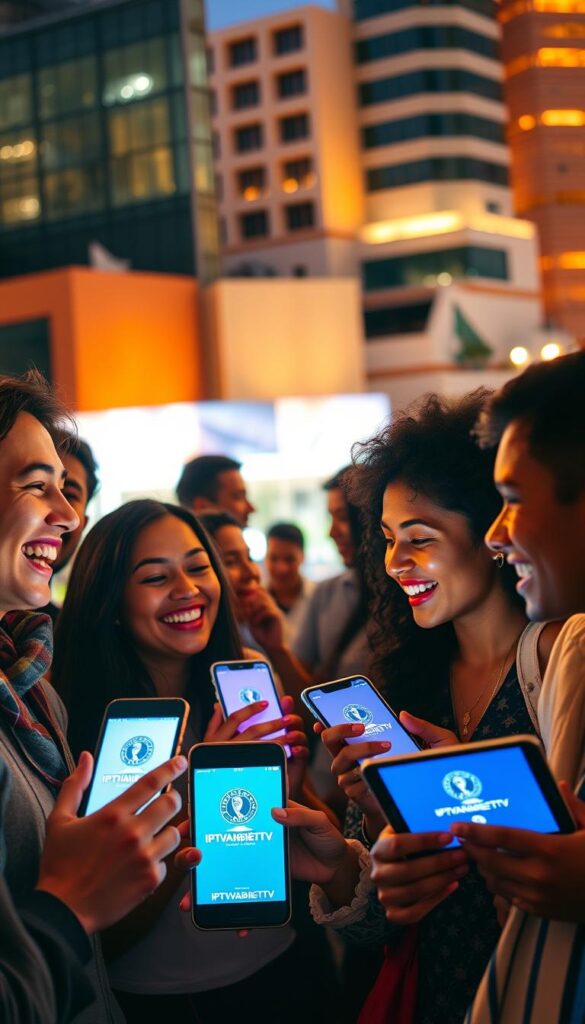 A warm, inviting gathering of people from around the world, united by their shared passion for IPTV. In the foreground, a diverse group of individuals laughing and conversing, their faces lit by the soft glow of smartphones and tablets displaying the IPTVANBIETERTV logo. In the middle ground, a lively discussion takes place, with gestures and expressions conveying a sense of camaraderie. The background features a blend of modern and traditional architectural elements, suggesting a global, cosmopolitan setting. The overall scene emanates a feeling of community, connection, and the collective experience of enjoying the upcoming FIFA World Cup 2026 through the IPTV Worldwide platform.