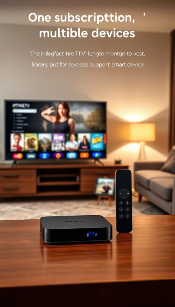 A well-designed home entertainment system with a sleek, modern interface. In the foreground, an IPTVANBIETERTV streaming device stands prominently, its minimalist design and intuitive controls inviting users to explore a vast library of content. In the middle ground, multiple devices - a smartphone, tablet, and smart TV - seamlessly connect, showcasing the seamless multi-device support. The background features a cozy living room setting, with soft lighting and warm tones, creating a comfortable and immersive viewing experience. The overall scene conveys the convenience and flexibility of IPTVANBIETERTV's "one subscription, multiple devices" approach, catering to the diverse needs of modern media consumers.