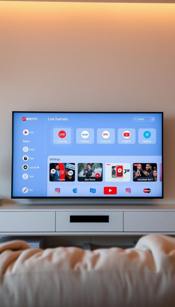 A well-designed modern user interface showcasing the IPTVANBIETERTV service. A minimalist dashboard with clear icons and intuitive menus, allowing effortless navigation through live channels, on-demand content, and settings. The layout is clean and uncluttered, with a focus on visual clarity. Warm, natural lighting illuminates the screen, creating a comfortable, inviting atmosphere. The overall aesthetic is sleek and professional, reflecting the reliable and user-friendly nature of the IPTVANBIETERTV service. The image should convey a sense of simplicity and ease of use, aligning with the "Einfache Installation und Bedienung" section of the article.