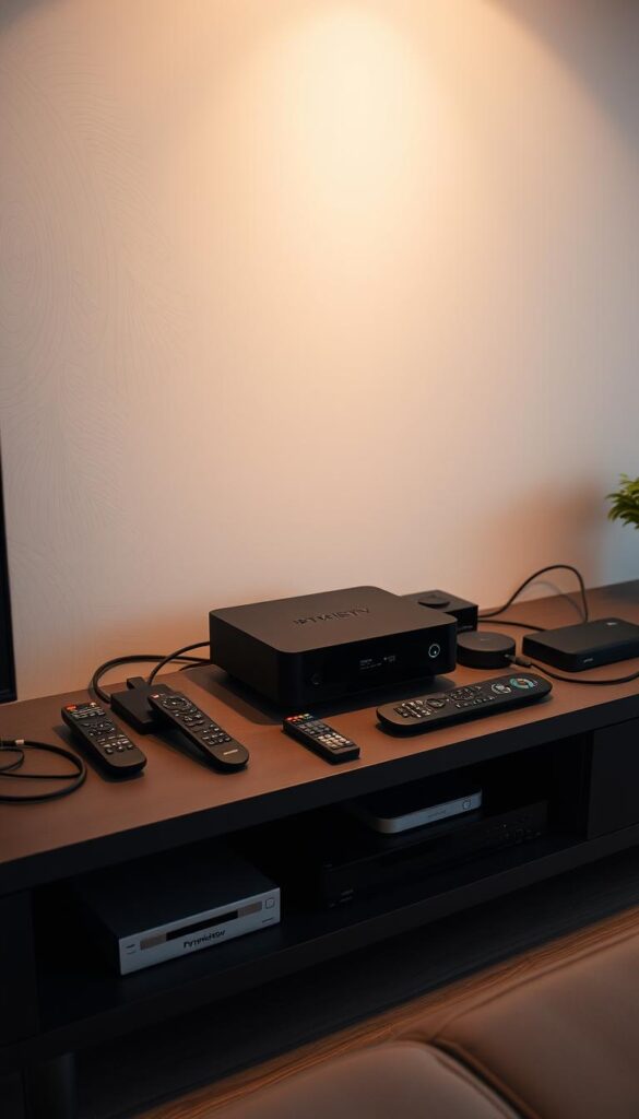 A well-equipped home entertainment setup with a modern IPTVANBIETERTV device prominently displayed on a sleek entertainment center. The device is positioned at the center, surrounded by a minimalist array of remote controls, streaming devices, and neatly organized cables. Soft, warm lighting illuminates the scene, creating a cozy and inviting atmosphere. The camera angle is slightly elevated, providing a clear view of the installation and emphasizing the streamlined, high-tech aesthetic. The background features subtle, abstract patterns or textures that complement the modern decor, leaving the focus on the IPTVANBIETERTV setup as the central point of interest.