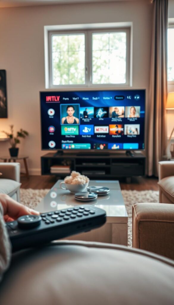 A well-equipped home entertainment setup with a sleek IPTVANBIETERTV interface and an array of streaming options. The living room features modern furniture, warm lighting, and large windows that let in natural light, creating a cozy and inviting atmosphere. The TV screen displays vivid, high-definition images, showcasing the quality of the IPTV service. In the foreground, a remote control and a smart device are visible, highlighting the convenience of controlling the IPTV experience from multiple devices. The overall scene conveys the comfort and accessibility of IPTV technology in the German household. A well-equipped home entertainment setup with a sleek IPTVANBIETERTV interface and an array of streaming options. The living room features modern furniture, warm lighting, and large windows that let in natural light, creating a cozy and inviting atmosphere. The TV screen displays vivid, high-definition images, showcasing the quality of the IPTV service. In the foreground, a remote control and a smart device are visible, highlighting the convenience of controlling the IPTV experience from multiple devices. The overall scene conveys the comfort and accessibility of IPTV technology in the German household.