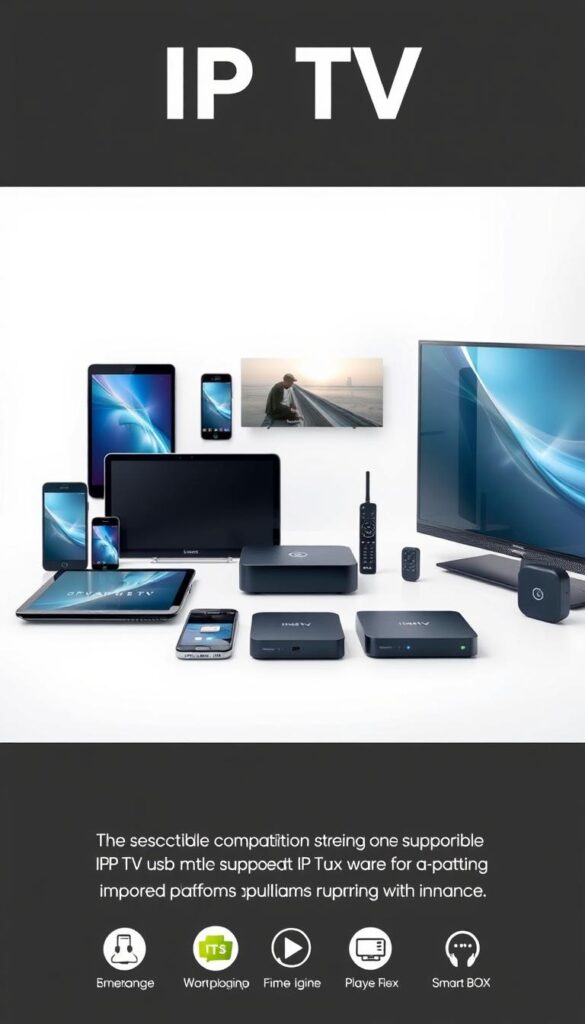 A well-lit, detailed image showcasing a variety of modern electronic devices, including smartphones, tablets, smart TVs, and streaming boxes, all compatible with the IPTVANBIETERTV service. The devices are arranged in a visually appealing, symmetrical layout, against a clean, minimalist background, emphasizing their compatibility and seamless integration. The image conveys a sense of technological sophistication, ease of use, and the wide range of supported platforms, catering to the diverse needs of the IPTV-Box audience.
