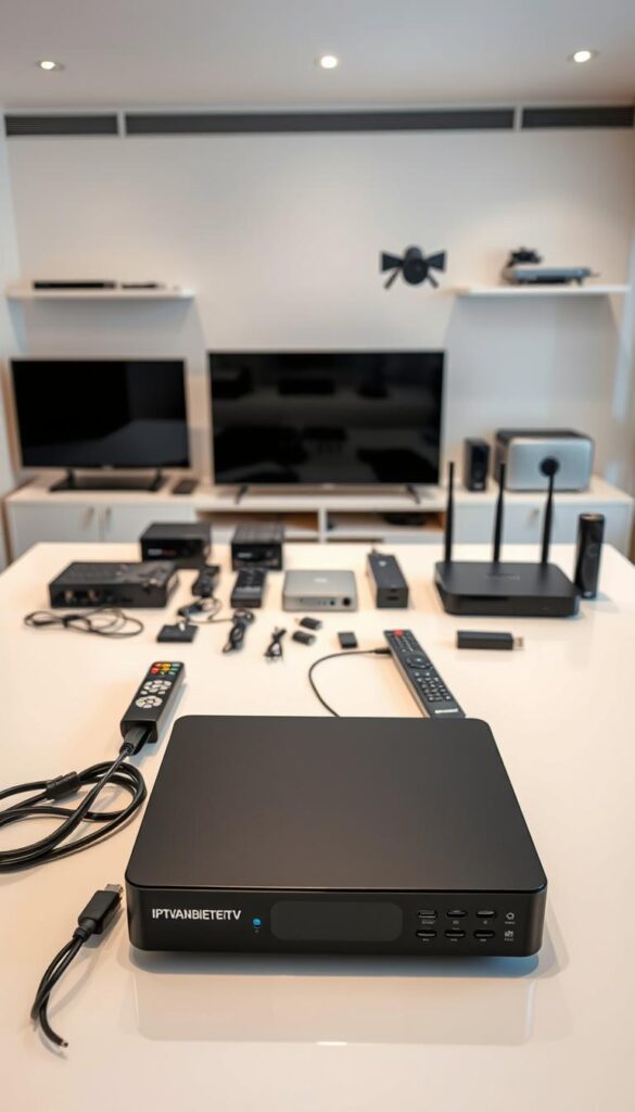 A well-lit, high-quality interior scene showcasing an array of IPTV devices and accessories on a clean, modern tabletop. In the foreground, a sleek black IPTVANBIETERTV set-top box is prominently displayed, surrounded by various cables, remotes, and other peripherals essential for IPTV setup. The middle ground features additional IPTV devices such as smart TVs, streaming dongles, and modems, all arranged with a sense of technical precision. The background subtly depicts a minimalist home entertainment system, hinting at the integrated nature of these IPTV solutions. The overall scene conveys a professional, tech-savvy atmosphere suitable for showcasing the technical requirements of IPTV technology.