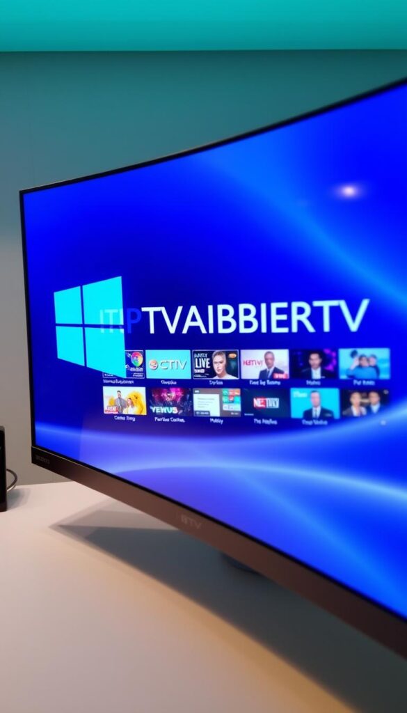 A well-lit, high-resolution image of a modern Windows 10 desktop displaying an IPTV player software interface, with a clean and intuitive user experience. The software logo prominently featured is "IPTVANBIETERTV", showcasing its compatibility with the latest Windows operating systems. The interface displays a grid of live TV channels, allowing the user to browse and select their desired content. The overall atmosphere is one of sleek professionalism and technical sophistication, conveying the capabilities of the IPTV player for the Windows platform.