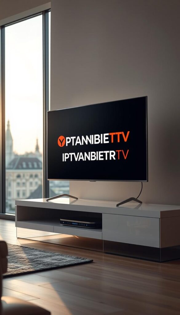 A well-lit, high-resolution image of a modern smart TV displaying the IPTVANBIETERTV brand logo and interface. The TV is positioned on a sleek, minimalist entertainment center in a contemporary living room setting. The background features a large window overlooking a cityscape of German architecture, with soft, diffused natural lighting filtering in. The overall atmosphere conveys a sense of comfort, technology, and legal compliance for IPTV usage in Germany.