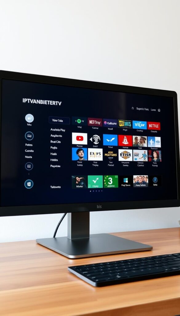A well-lit, high-resolution image of a sleek, modern desktop computer displaying the IPTVANBIETERTV user interface on the screen. The computer is placed on a minimalist wooden desk, with a clean, uncluttered background. The interface showcases the intuitive navigation, a wide selection of live TV channels, and on-demand content options. The scene conveys a sense of efficiency and ease of use, reflecting the best IPTV player experience for Windows users in Germany.
