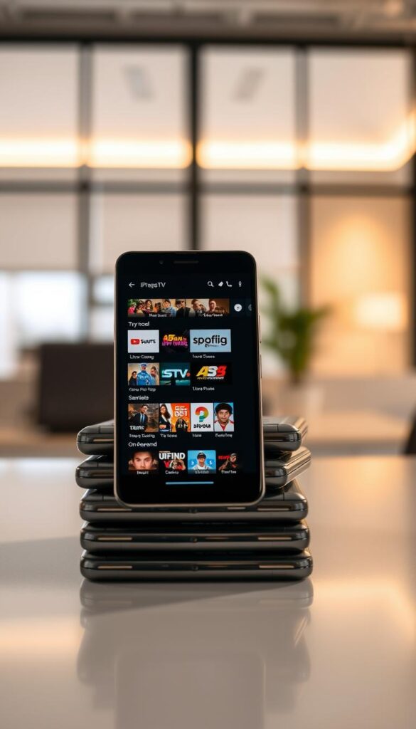 A well-lit, high-resolution image of a stack of modern Android smartphones showcasing the IPTVANBIETERTV service. The phones display a clean, user-friendly interface with a grid of live TV channels and on-demand content. The foreground features the smartphones prominently, with a blurred, out-of-focus background showcasing a modern, minimalist office or home setting. The overall mood is sleek, professional, and inviting, conveying the convenience and affordability of the IPTVANBIETERTV service for Android users.