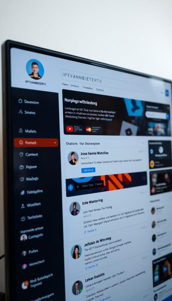 A well-lit, high-resolution image of an IPTV forum website in German, featuring a clean and modern design with a prominent "IPTVANBIETERTV" logo at the top. The forum's layout showcases various discussion threads, user profiles, and a search bar, all presented in a sleek and intuitive user interface. The atmosphere conveys a sense of community, expertise, and trusted information sharing among the users. The image is captured from a slightly elevated angle, providing a comprehensive view of the forum's key elements.