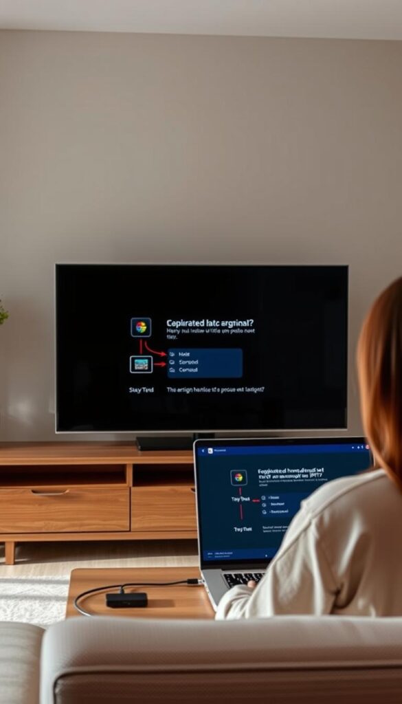 A well-lit, high-resolution image of an IPTV panel installation process. The scene depicts a modern home entertainment setup, with a sleek smart TV in the foreground and a laptop or streaming device connected to it. The user is shown carefully following the step-by-step instructions provided by the IPTVANBIETERTV service, configuring the device and navigating the intuitive user interface. The lighting is soft and natural, highlighting the simplicity and ease of the installation. The background features a minimalist home decor, conveying a sense of domestic comfort and practicality. The overall mood is one of confidence and accomplishment, as the user successfully sets up their IPTV service with the help of IPTVANBIETERTV.