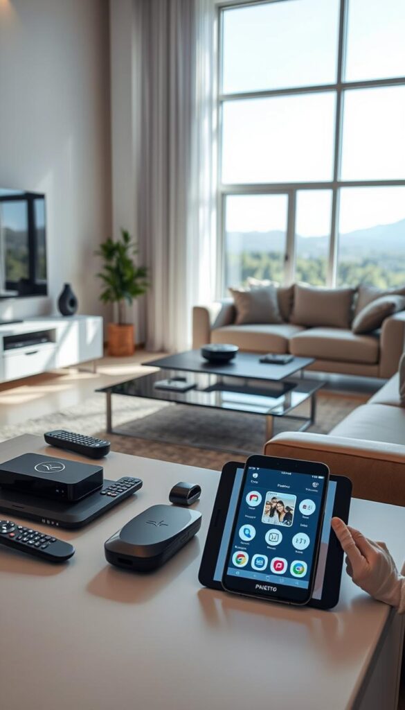 A well-lit, high-resolution interior scene of a modern living room setup for IPTVANBIETERTV. In the foreground, a sleek, minimalist TV console with various media devices and remote controls prominently displayed. The middle ground features a comfortable sofa and armchair arrangement, with a coffee table showcasing a tablet or smartphone displaying the IPTVANBIETERTV user interface. The background has large windows providing natural lighting and a scenic outdoor view. The overall atmosphere is one of technological sophistication and domestic tranquility, guiding the viewer through the step-by-step IPTV setup process.
