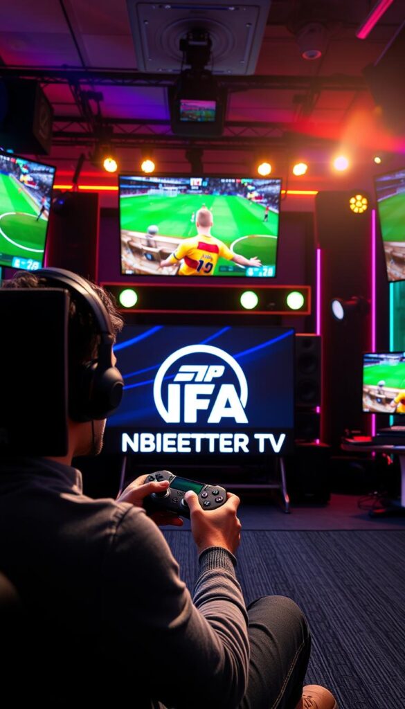 A well-lit livestream setup in a modern gaming studio, featuring multiple flat-screen monitors displaying a FIFA video game in progress. In the foreground, a professional gamer sits intently, hands on a sleek gaming controller. The middle ground showcases the IPTVANBIETERTV logo prominently displayed, conveying the comprehensive sports offering. The background depicts a dynamic, cinematic environment with colored lighting and advanced audiovisual equipment, creating an immersive atmosphere for the FIFA livestream. The overall scene exudes a sense of excitement and high-quality entertainment for the discerning sports enthusiast.