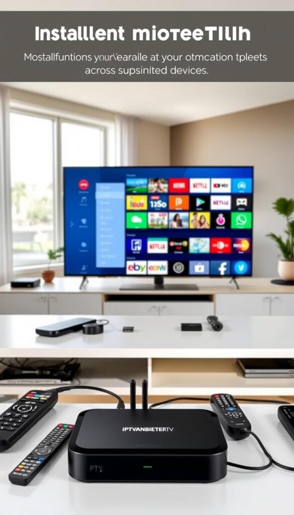 A well-lit, modern home entertainment setup with a sleek IPTVANBIETERTV set-top box prominently displayed on a minimalist TV stand. The box is surrounded by various remote controls and cables, suggesting the ease of connecting to different devices. The middle ground features a smart TV displaying the IPTVANBIETERTV interface, showcasing the intuitive menu and wide selection of channels. The background depicts a cozy living room with large windows, allowing natural light to create a warm, inviting atmosphere. The overall scene conveys the simplicity and convenience of IPTVANBIETERTV installation across multiple supported devices.
