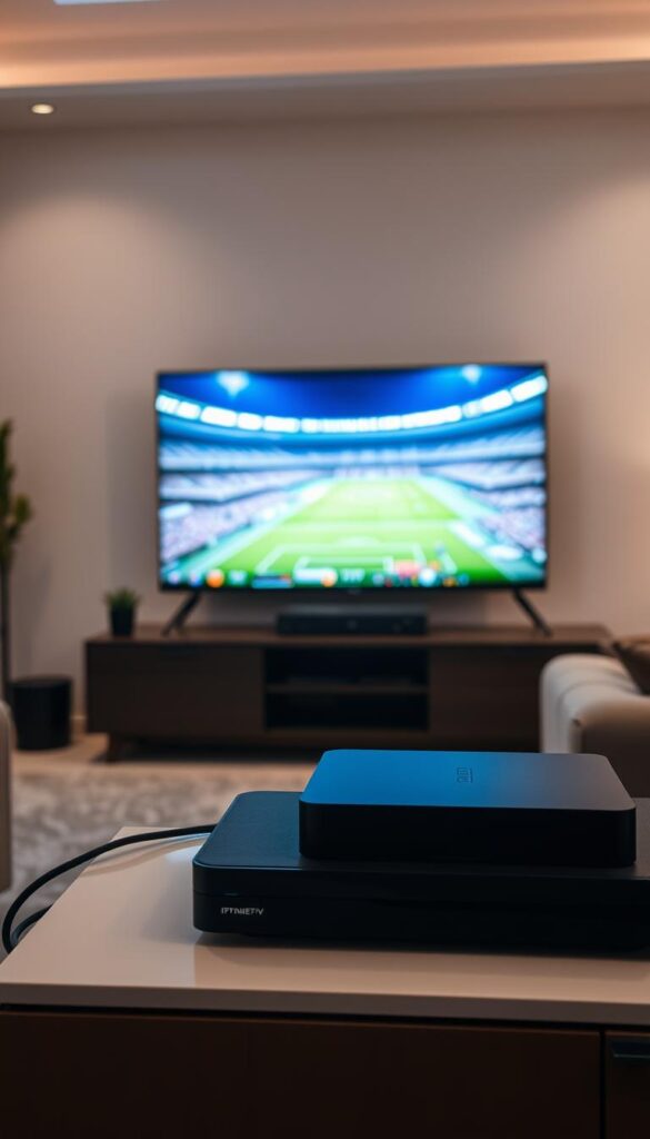 A well-lit, modern home entertainment setup. In the foreground, a sleek, black IPTVANBIETERTV set-top box sits atop a minimalist media console. Cables neatly run behind the entertainment center, creating a clean, organized look. In the middle ground, a large, high-definition television displays a vivid, crystal-clear image, reflecting the advanced technology of the IPTV system. The background features a tastefully decorated living room, with a cozy, neutral-toned sofa and subtle, ambient lighting that sets a relaxed, inviting atmosphere. The overall scene conveys the ease and convenience of setting up a premium IPTV experience for the 2026 World Cup.