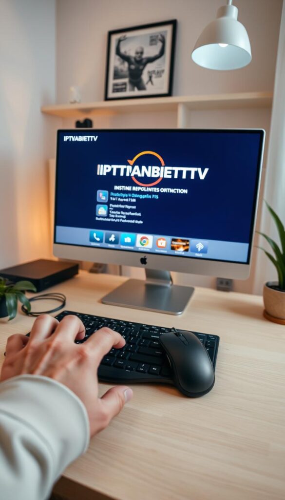 A well-lit, modern home office setup with a desktop computer, monitor, and keyboard. On the screen, the IPTVANBIETERTV user interface is prominently displayed, showcasing its intuitive design and user-friendly features. The room has a warm, inviting atmosphere, with soft lighting and clean, minimalist decor. In the foreground, a person's hands are shown, operating the keyboard and mouse, guiding the viewer through the IPTVANBIETERTV installation process. The overall scene conveys a sense of ease and confidence in setting up the IPTV service.