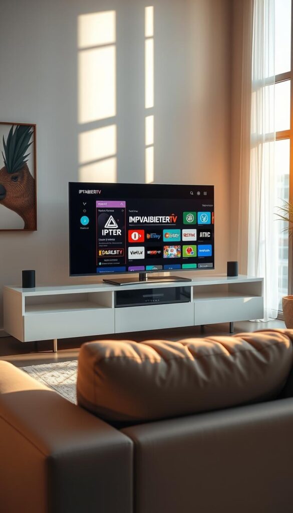 A well-lit, modern living room scene with a sleek, minimalist TV stand. On the stand, a large, high-definition smart TV displays the IPTVANBIETERTV logo, showcasing a range of legal IPTV streaming options. The room is bathed in warm, natural lighting from large windows, creating a cozy and inviting atmosphere. The walls are adorned with modern art pieces, and a plush, comfortable sofa sits in the foreground, inviting the viewer to relax and enjoy the entertainment options. The overall scene conveys a sense of sophistication, accessibility, and the ease of accessing legal IPTV services.