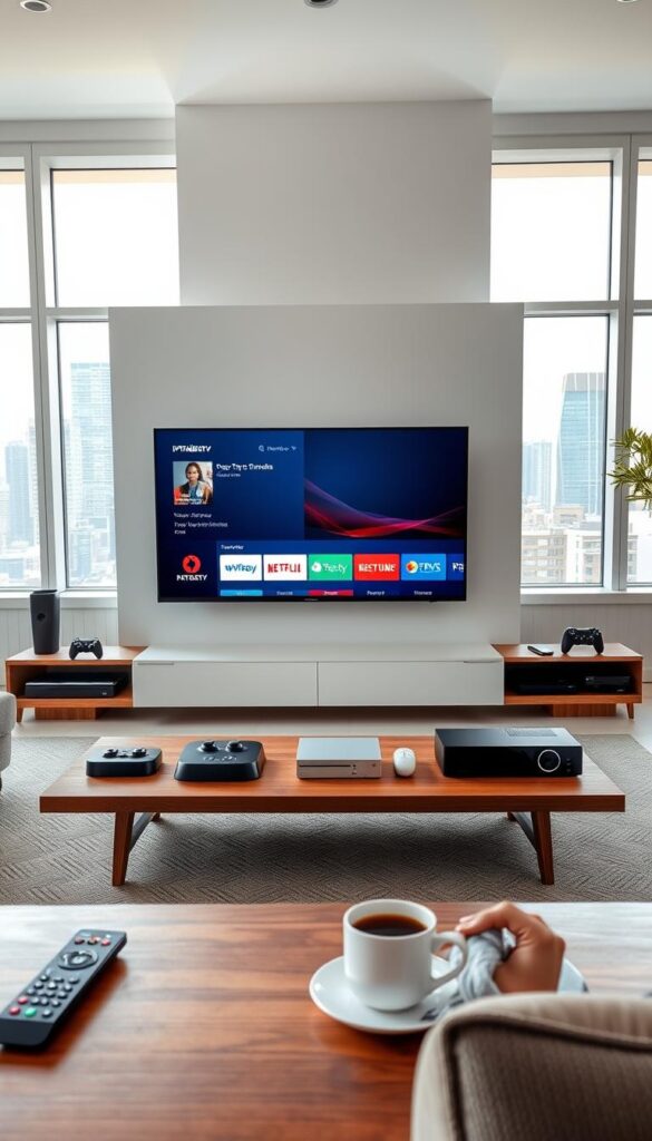 A well-lit modern living room with a large flat-screen TV displaying the IPTVANBIETERTV service interface. The TV is surrounded by sleek, minimalist furniture in neutral tones. The room has large windows that let in plenty of natural light, creating a bright and airy atmosphere. In the foreground, a remote control and a cup of coffee sit on a low wooden coffee table, suggesting a comfortable and relaxed viewing experience. The middle ground features various streaming devices and gaming consoles neatly arranged, highlighting the versatility of the IPTVANBIETERTV service. The background showcases a cityscape visible through the windows, emphasizing the convenience of accessing a wide range of TV channels and on-demand content from the comfort of one's home.