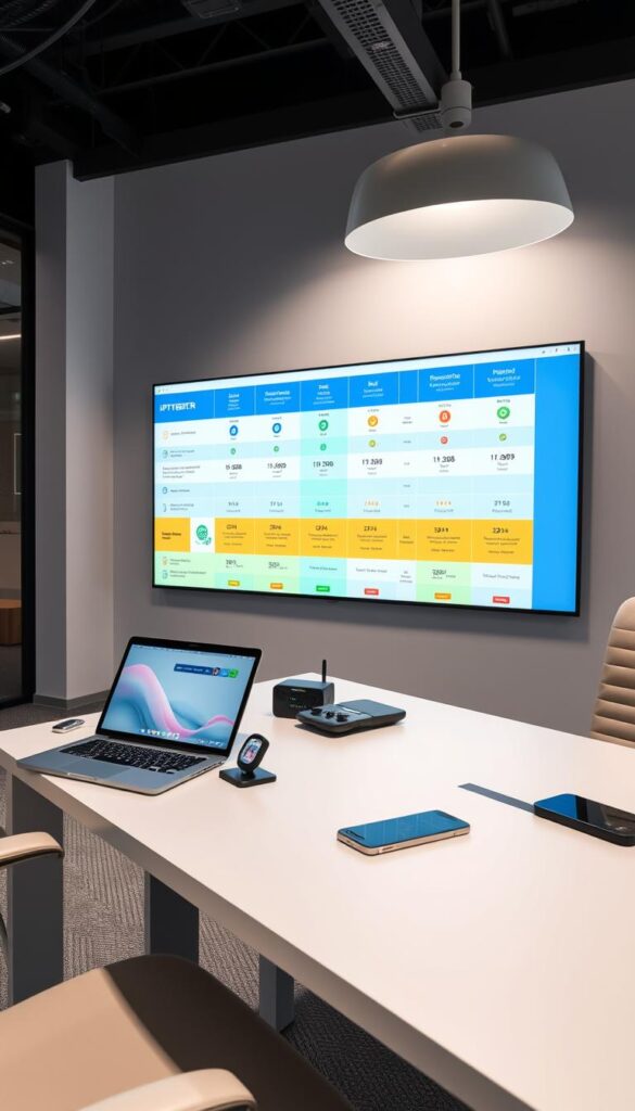A well-lit, modern office setting with a minimalist desk featuring a laptop, smartphone, and other tech accessories. In the background, a large wall display showcases a comparison of various IPTVANBIETERTV providers, with colorful graphs, charts, and icons highlighting their key features, pricing, and customer reviews. The scene conveys a sense of professionalism and informed decision-making, with the overall atmosphere being clean, sleek, and visually appealing.