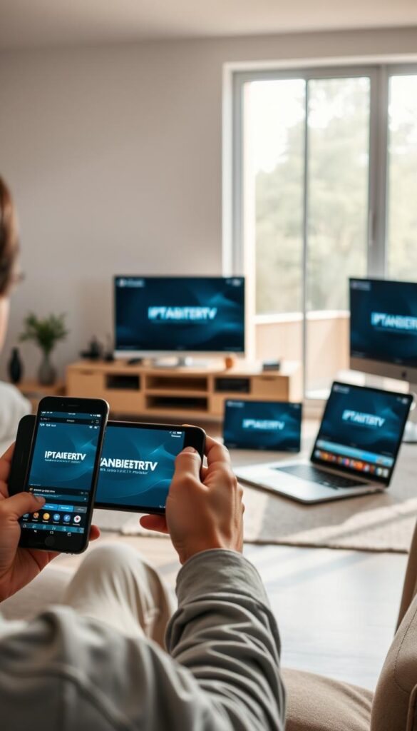 A well-lit, photorealistic scene depicting the use of IPTVANBIETERTV on various devices. In the foreground, a person is streaming IPTVANBIETERTV on a smartphone, tablet, and smart TV, showcasing the multidevice capabilities. The middle ground features a laptop and desktop computer also displaying the IPTVANBIETERTV interface. The background shows a modern, minimalist home interior with large windows, allowing natural light to fill the scene. The overall mood is one of seamless connectivity and versatility, highlighting how IPTVANBIETERTV can be accessed on a range of devices for a cohesive viewing experience.