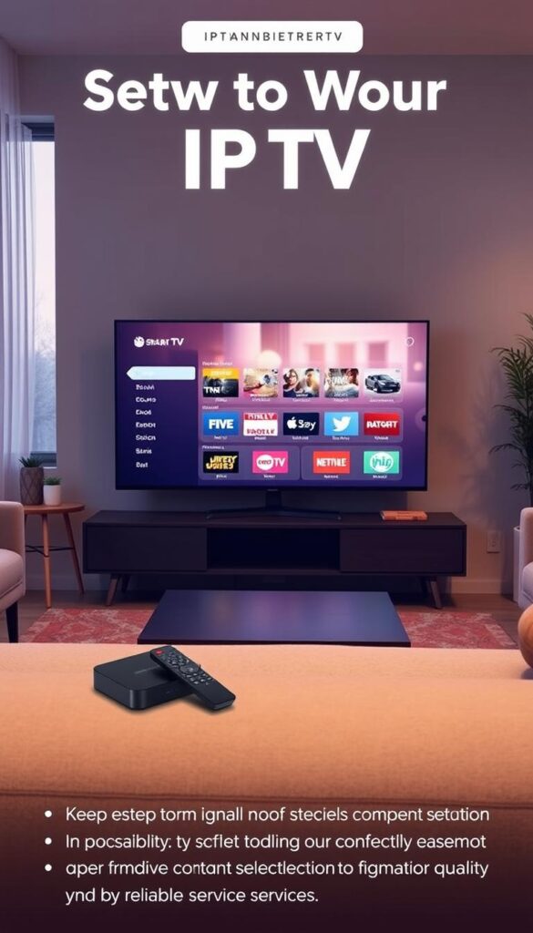 A well-lit, step-by-step guide to setting up an IPTV service from IPTVANBIETERTV. Showcase a minimalist home entertainment setup with a sleek smart TV, streaming device, and remote control prominently displayed. The living room environment should be modern and cozy, with subtle natural lighting filtering through large windows. Depict the user-friendly onscreen interface and intuitive navigation, conveying the ease of IPTV installation and configuration. Emphasize the premium content selection and reliable service quality offered by IPTVANBIETERTV. The overall atmosphere should radiate a sense of convenience, comfort, and technological sophistication.