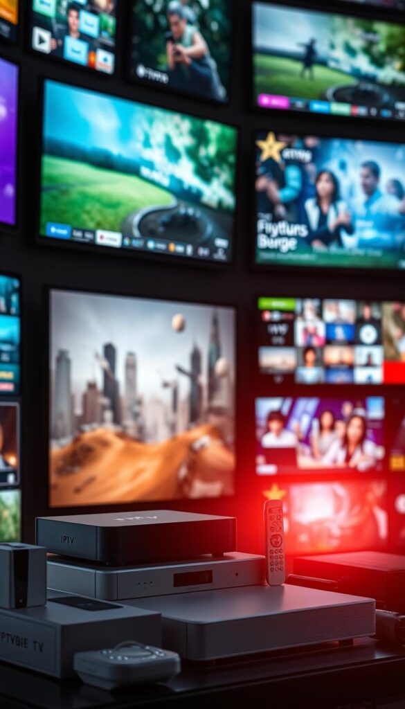 A well-lit, visually striking image showcasing the extensive IPTV Angebot (offering) of IPTVANBIETERTV. In the foreground, a diverse array of television screens and devices, each displaying a different channel or program, creating a dynamic and vibrant composition. The middle ground features sleek, modern IPTV hardware and accessories, conveying the technology and infrastructure behind the service. In the background, a soft, blurred cityscape or landscape, hinting at the global reach and availability of the IPTV offering. The overall mood is one of sophistication, excitement, and the promise of a vast, curated selection of entertainment options for every taste.