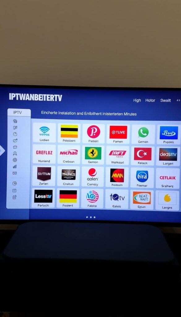 A well-organized and visually appealing IPTV service provider's channel list, presented on a modern and minimalist user interface. The foreground features the IPTVANBIETERTV brand prominently displayed, with a clean and legible layout showcasing the various channel categories and logos. The middle ground depicts a selection of popular German television channels, each represented by their distinct branding and iconography. The background subtly fades into a soft, neutral gradient, keeping the focus on the channel list. The overall composition conveys a sense of simplicity, efficiency, and professionalism, reflecting the "Einfache Installation und Einrichtung in wenigen Minuten" section of the article.