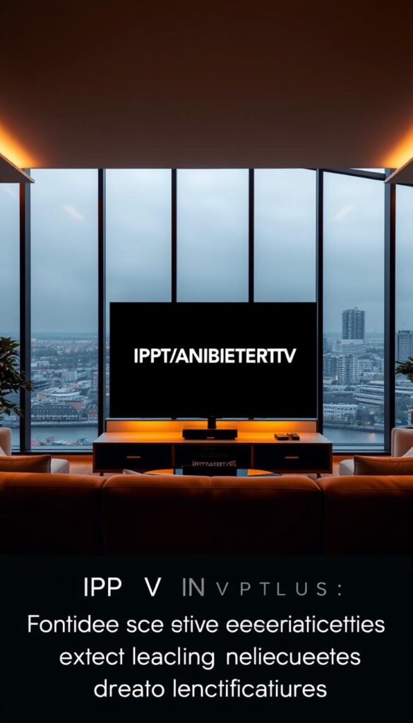A wide and dynamic view of a modern, sleek living room with a large flatscreen TV taking up the central focus. The TV screen displays the brand name "IPTVANBIETERTV" in a bold, minimalist font. The room is bathed in warm, ambient lighting, with a soft, diffused glow from a large window overlooking a cityscape in the background. The furniture is contemporary and stylish, with clean lines and muted tones. Subtle visual cues hint at the comparison of different IPTV service providers, suggesting the room's occupant is engaged in research and decision-making.