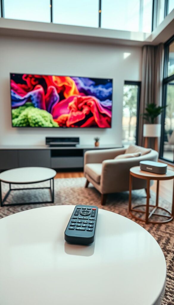 A wide-angle shot of a modern living room with comfortable furniture and a large television screen displaying vibrant, high-definition imagery. In the foreground, a sleek remote control labeled "IPTVANBIETERTV" sits on a minimalist coffee table. The middle ground features a cozy armchair and a side table with a smart home device, while the background showcases large windows allowing natural light to flood the space. The overall atmosphere conveys the convenience, entertainment, and technological advantages of IPTV in a stylish, inviting setting.