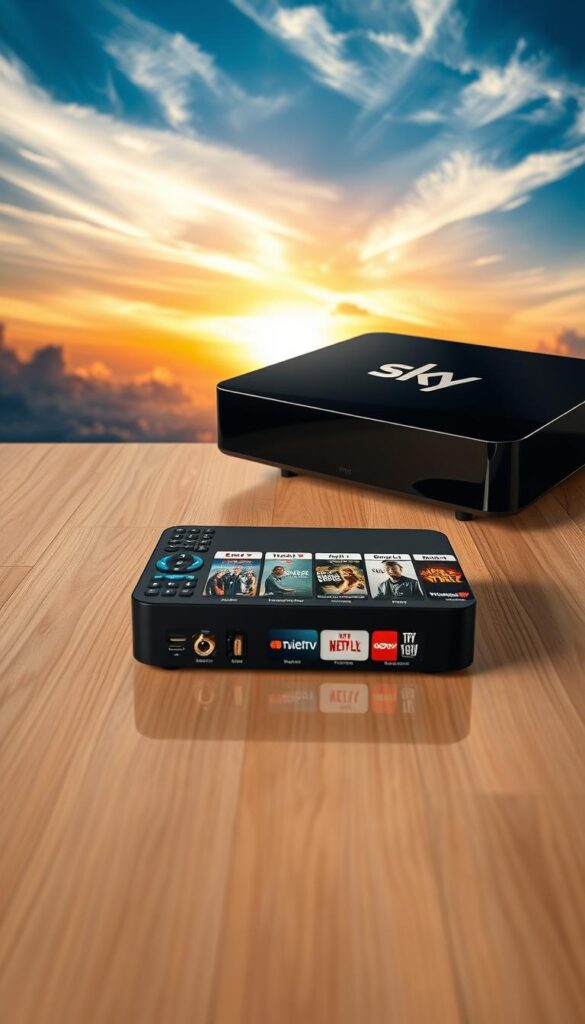 A wide-angle shot of a sleek, modern Sky Q IPTV box resting on a minimalist wooden table. The box has a glossy black finish and prominent Sky logo, conveying premium quality. In the background, a vibrant, cinematic sky fills the frame, with wispy clouds and a golden sunset glow. The lighting is soft and natural, creating a warm, inviting atmosphere. The foreground showcases the box's connectivity ports and remote control, emphasizing its technical capabilities. In the middle ground, an array of IPTVANBIETERTV program packages are neatly arranged, each with distinct icons and branding, suggesting the breadth of content available. The overall composition is balanced and visually striking, reflecting the comprehensive entertainment experience of the Sky Q IPTV box.