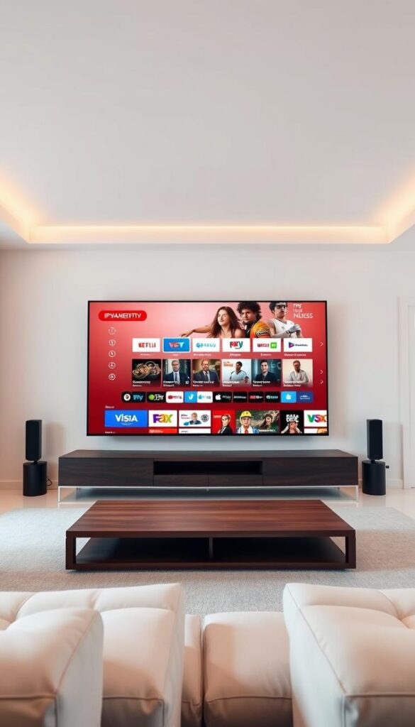 A wide-angle view of a modern, minimalist living room with a large TV screen at the center, displaying an array of channels and content from the IPTVANBIETERTV service. The room has clean, simple lines, with white walls and a sleek, floating entertainment unit in dark wood. Soft, diffused lighting creates a warm, inviting atmosphere, and the TV screen is the focal point, showcasing the impressive breadth of IPTVANBIETERTV's channel selection, from sports and news to movies and documentaries. The scene conveys a sense of comfort, convenience, and a wide range of entertainment options available to the viewer.