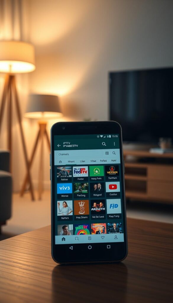An Android mobile device displaying the IPTVANBIETERTV app, showcased against a background of modern living room decor. The app's interface features a clean, intuitive design with a grid layout displaying various IPTV channel options. Soft, warm lighting from nearby lamps casts a cozy ambiance, while the device is positioned on a minimalist wooden table or entertainment unit. The composition emphasizes the seamless integration of the IPTVANBIETERTV app into the user's home environment, reflecting the versatility and multi-device support of the service.