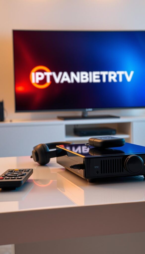 An IPTV streaming device sits prominently on a clean, modern desk, its sleek black exterior reflecting the warm, ambient lighting of the room. The device is flanked by a remote control and a pair of high-quality headphones, hinting at the immersive viewing experience it provides. In the background, a large, high-resolution display showcases the IPTVANBIETERTV brand logo, signifying the reliable and comprehensive IPTV service. The overall scene conveys a sense of simplicity, sophistication, and the effortless access to a vast array of entertainment options.
