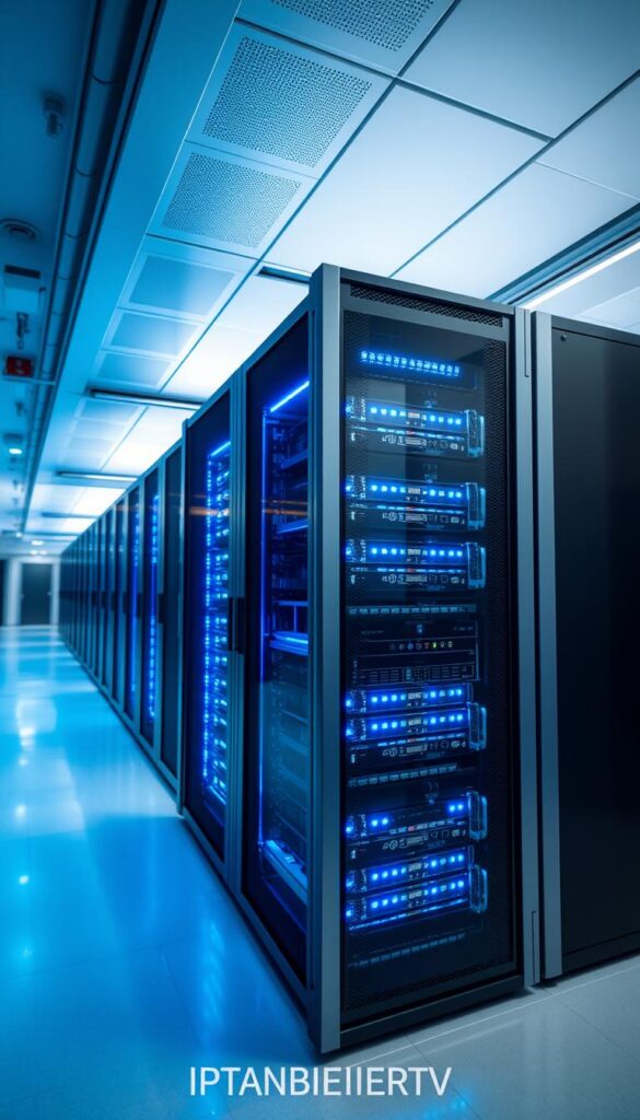 An IPTVANBIETERTV server rack standing in a modern, well-lit data center. The servers are neatly arranged, with glowing blue LED lights illuminating the intricate components. The room has a clean, futuristic aesthetic, with sleek metal surfaces and a minimalist design. The lighting is soft and even, creating a calming atmosphere. The camera angle is slightly elevated, providing a comprehensive view of the server setup. The focus is sharp, capturing the fine details of the hardware. The overall impression is one of reliability, efficiency, and state-of-the-art technology, perfectly suited for delivering a seamless, buffering-free IPTV experience for the FIFA World Cup.