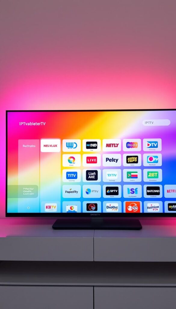 An IPTVANBIETERTV streaming service interface on a sleek, modern device with a minimalist, user-friendly design. The screen displays a clean, organized grid of available IPTV channels in German, inviting the viewer to easily browse and select their desired content. The background features a vibrant, colorful gradient, creating a sense of energy and excitement around the IPTV experience. The lighting is soft and diffused, highlighting the clarity and quality of the displayed channels. The overall atmosphere conveys a seamless, high-quality IPTV solution that provides a vast array of entertainment options to the user.