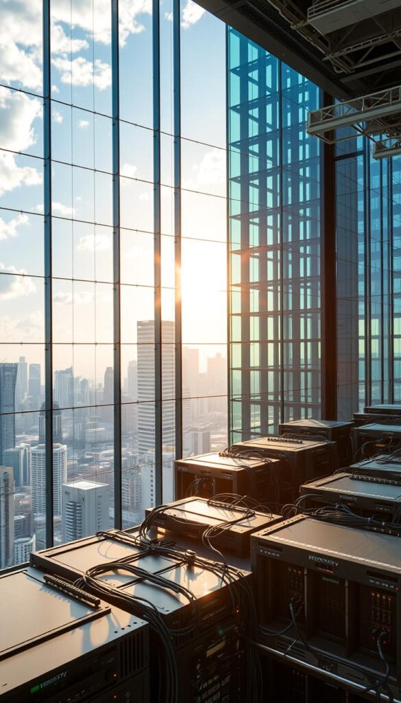 An aerial view of a modern communication technology hub, showcasing the IPTVANBIETERTV brand. The scene features an expansive, sleek glass and steel building set against a backdrop of a vibrant city skyline. Sunlight streams through large windows, casting a warm glow over the interior. In the foreground, a series of interconnected servers and networking equipment convey the advanced infrastructure powering the IPTV m3u lebenslang service. The image evokes a sense of cutting-edge innovation, reliability, and global connectivity, reflecting the seamless TV experience the service provides across all devices.