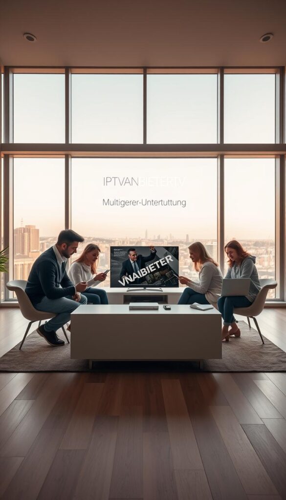 An airy, modern living room with floor-to-ceiling windows overlooking a cityscape. In the center, a family gathers around a sleek, minimalist TV stand, each member intently focused on their own device - a tablet, a smartphone, a laptop. Above the TV, the IPTVANBIETERTV logo is prominently displayed. The room is bathed in warm, natural light, creating a cozy, inviting atmosphere. The family's expressions convey a sense of ease and connectivity, reflecting the "Multigeräte-Unterstützung" theme. The scene captures the effortless ability to stream content across multiple devices, highlighting IPTVANBIETERTV's flexible, convenient service. An airy, modern living room with floor-to-ceiling windows overlooking a cityscape. In the center, a family gathers around a sleek, minimalist TV stand, each member intently focused on their own device - a tablet, a smartphone, a laptop. Above the TV, the IPTVANBIETERTV logo is prominently displayed. The room is bathed in warm, natural light, creating a cozy, inviting atmosphere. The family's expressions convey a sense of ease and connectivity, reflecting the "Multigeräte-Unterstützung" theme. The scene captures the effortless ability to stream content across multiple devices, highlighting IPTVANBIETERTV's flexible, convenient service.