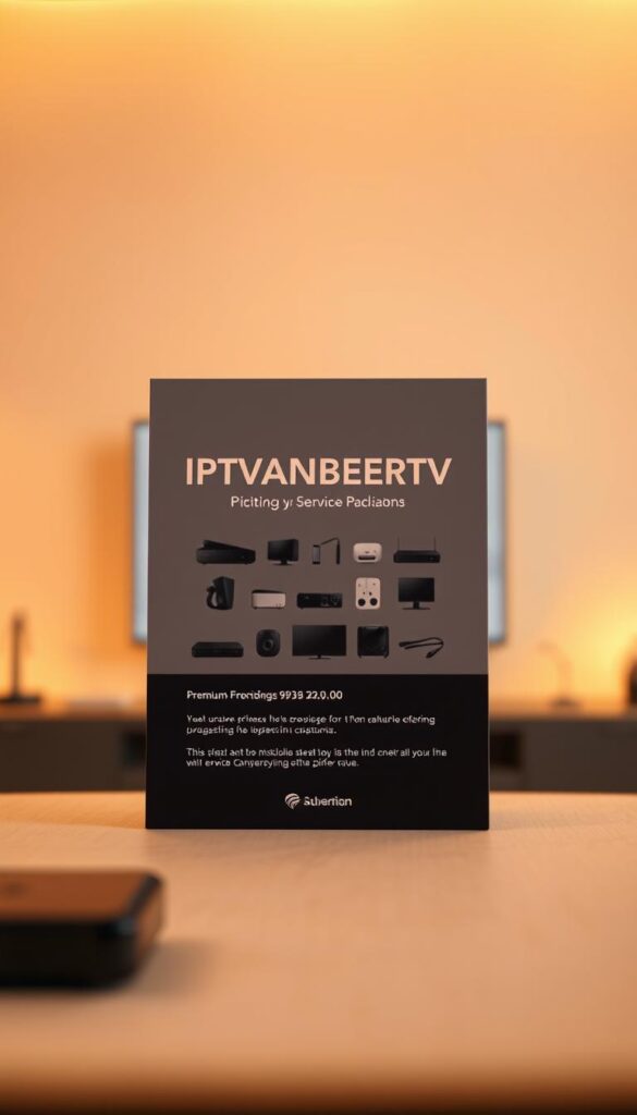 An elegant and modern IPTVANBIETERTV service package, showcased in a minimalist display. The foreground features a sleek, high-contrast interface with clean typography and precise pricing information. The middle ground depicts a range of device icons, hinting at the cross-platform compatibility. The background softly blurs, creating a sense of depth and focus on the central offering. Warm, ambient lighting illuminates the scene, conveying a premium, trustworthy atmosphere. The composition is balanced, with a harmonious color palette and subtle gradients. This image captures the essence of IPTVANBIETERTV's pricing structure - straightforward, versatile, and designed to provide exceptional value.
