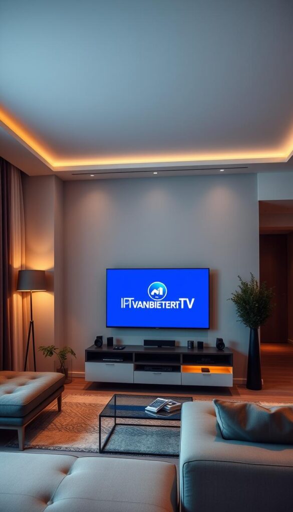 An elegant and modern apartment interior with a large flatscreen TV displaying the IPTVANBIETERTV logo. The room has sleek furniture, minimalist decor, and warm lighting creating a cozy, inviting atmosphere. The TV is the focal point, surrounded by comfortable seating and a minimalist entertainment setup. The overall scene conveys an air of sophistication and demonstrates the affordable, high-quality IPTV service available in Germany.
