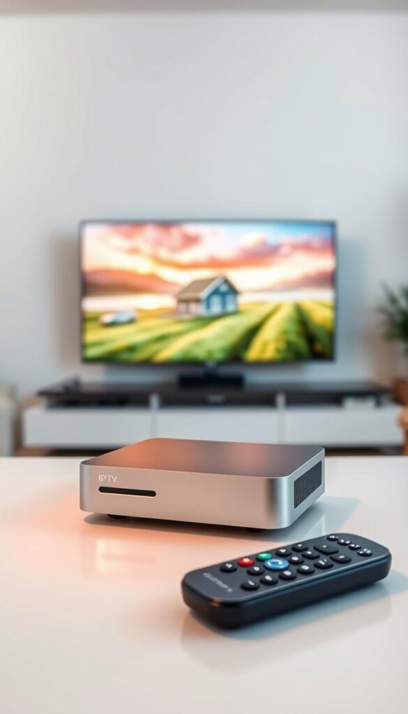 An elegant and modern home entertainment system, featuring a sleek IPTVANBIETERTV set-top box showcased against a minimalist white background. The device is illuminated by soft, diffused lighting, casting a warm glow and highlighting its clean, minimalist design. In the foreground, a wireless remote control invites user interaction, while in the middle ground, a smart TV displays a crisp, high-definition image, reflecting the vivid colors and clarity of the IPTV service. The background subtly suggests a comfortable living room setting, with hints of modern furniture and decor, creating an atmosphere of sophisticated technology seamlessly integrated into the home environment.