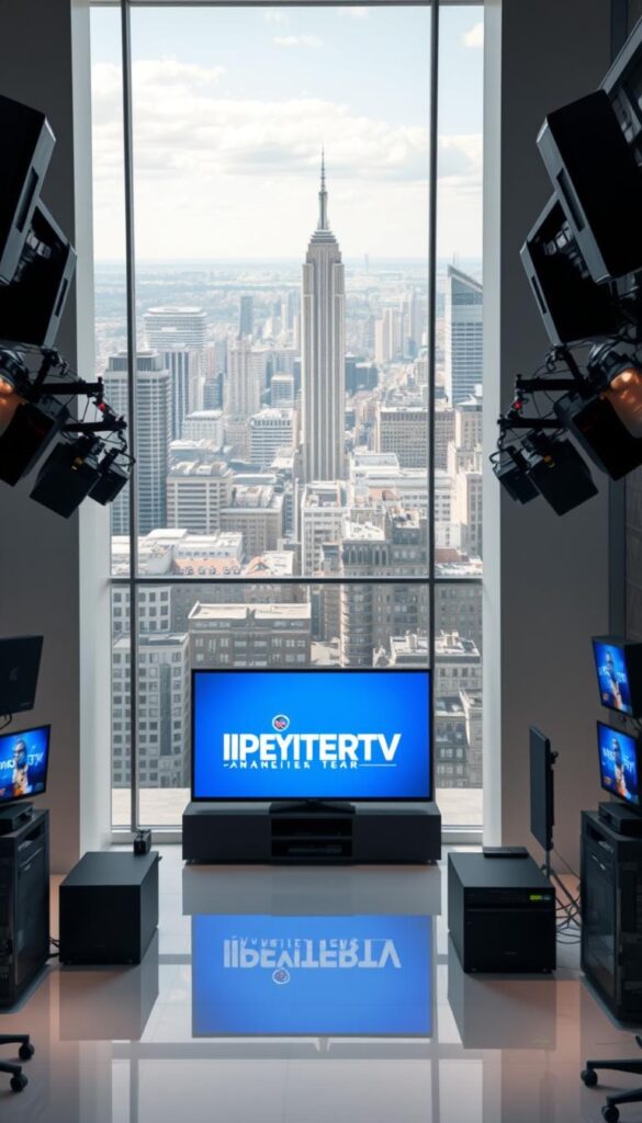 An elegant and modern office space, filled with sleek technology and professional branding. In the center, the prominent logo "IPTVANBIETERTV" is displayed on a large, high-resolution display, surrounded by state-of-the-art media equipment. The lighting is soft and directional, creating a sense of authority and expertise. The background features a panoramic view of a bustling city skyline, conveying the company's position as a leading IPTV provider in Germany. The overall composition suggests a well-established, reliable, and innovative service, perfectly suited to deliver the best IPTV channels to German consumers.