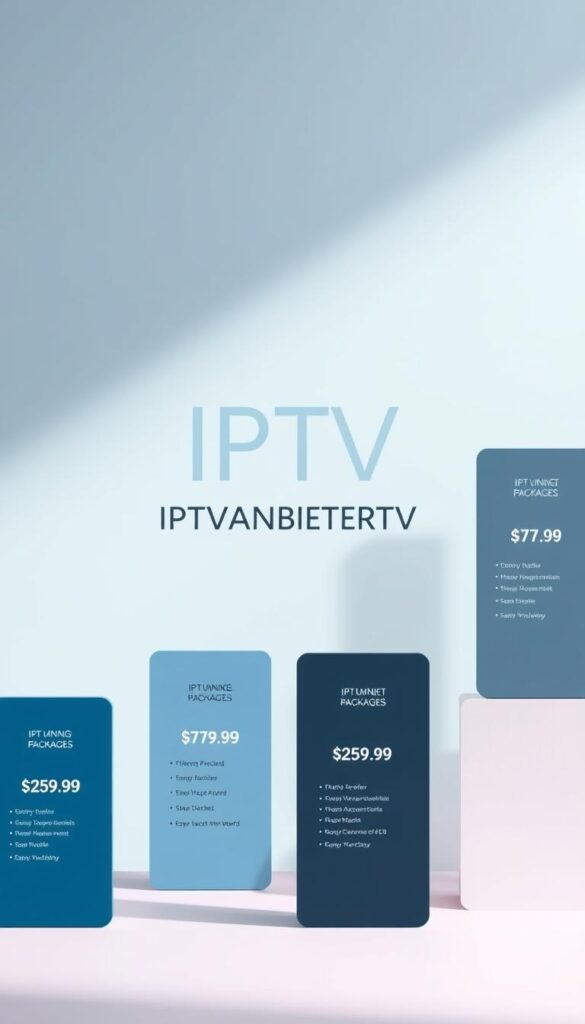 An elegant, minimalist image showcasing an assortment of IPTV service packages. In the foreground, several rectangular price panels in various shades of blue and gray, each displaying a different set of features and pricing. The middle ground features the prominent brand "IPTVANBIETERTV" in a sleek, modern font, drawing the eye. The background is a soft, gradient-based pattern in complementary colors, creating a clean, professional atmosphere. The overall composition is balanced, using symmetry and negative space to highlight the key elements. Lighting is subtle, with a gentle, diffused glow to enhance the minimalist aesthetic. The image conveys a sense of value, reliability, and accessibility for the IPTV service offerings.