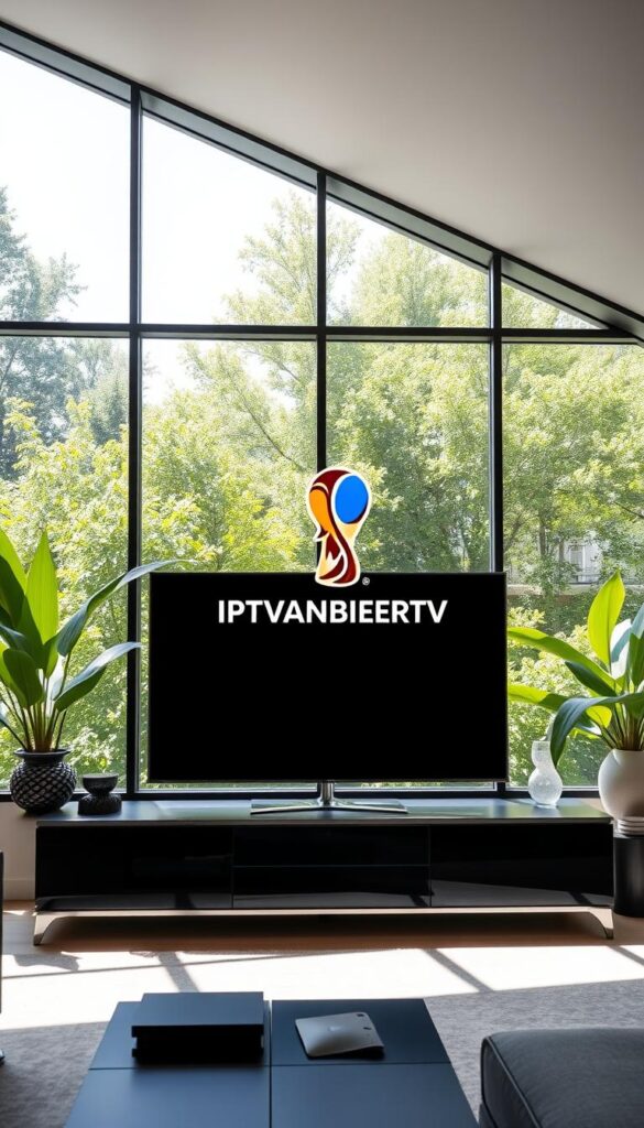 An elegant, modern interior featuring a large, high-definition television displaying the IPTVANBIETERTV logo against a backdrop of lush greenery and natural light. The television is mounted on a sleek, minimalist media console, surrounded by tasteful home decor accents. The overall atmosphere conveys a sense of sophistication and relaxation, inviting the viewer to imagine an immersive, premium IPTV viewing experience for the upcoming FIFA World Cup.