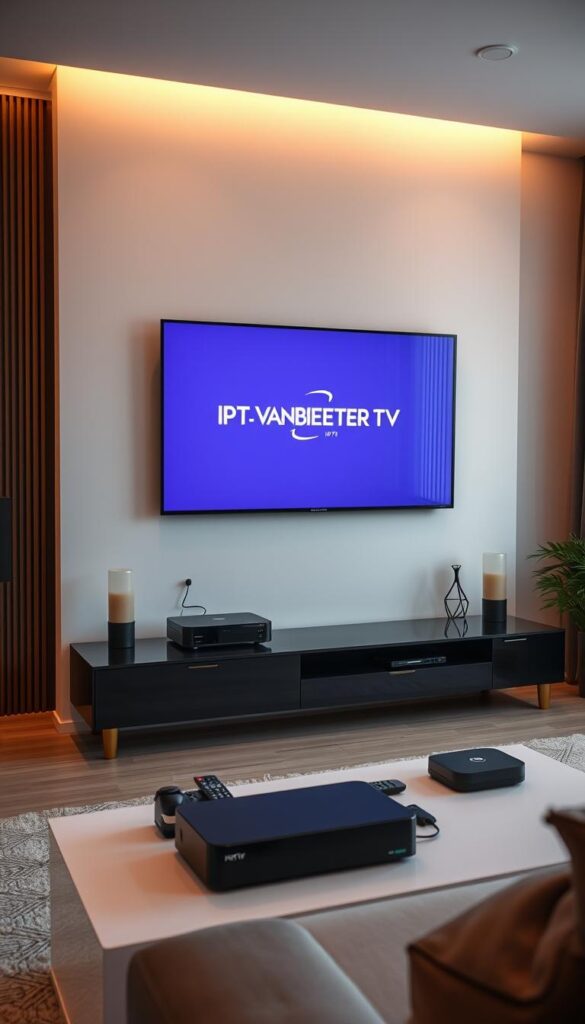 An elegantly designed living room with a large flat-screen TV mounted on the wall. The TV displays the IPTVANBIETERTV logo, signifying the IPTV service being used. In the foreground, a sleek and modern media console houses various streaming devices and remotes, with minimal clutter. The lighting is warm and ambient, creating a cozy and inviting atmosphere. The room is decorated with tasteful, minimalist furnishings, including a plush sofa and a few well-placed accent pieces. The overall scene conveys a sense of simplicity, comfort, and technological integration, reflecting the "Einfache Installation und Einrichtung deines IPTV-Dienstes" section of the article.