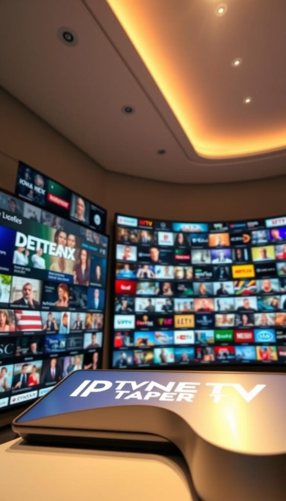 An expansive and diverse IPTV channel offering, showcasing a comprehensive range of entertainment options. A vibrant and visually captivating scene, with a sleek and modern interface prominently displaying the IPTVANBIETERTV brand. The foreground features a clean and intuitive user experience, highlighting the vast array of channels available. The middle ground depicts a variety of content genres, from news and sports to movies and TV shows, reflecting the depth and breadth of the IPTV service. The background sets the scene with a sophisticated and immersive atmosphere, conveying the seamless integration of technology and entertainment. Lighting is soft and natural, creating a sense of warmth and clarity, while the camera angle provides a dynamic and engaging perspective.