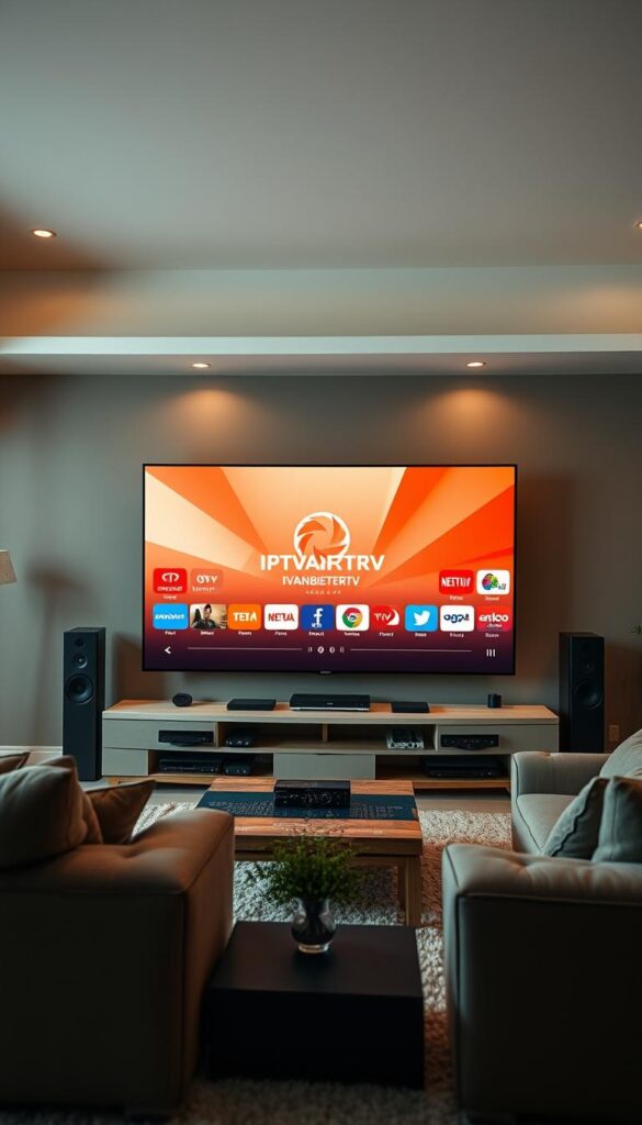 An expansive, high-definition IPTVANBIETERTV streaming experience, showcasing a vast array of global channels in a sleek, modern interface. Crisp, realistic visuals with vibrant colors and deep contrasts, captured through a cinematic wide-angle lens. The scene depicts a living room setting, with a large flatscreen TV displaying the IPTVANBIETERTV logo and channel menu, surrounded by premium home entertainment devices. Soft, directional lighting creates a cozy, inviting atmosphere, while the background features muted tones and minimalist decor, allowing the central screen to be the focal point. The overall composition conveys a sense of premium quality, flexibility, and an immersive viewing experience.