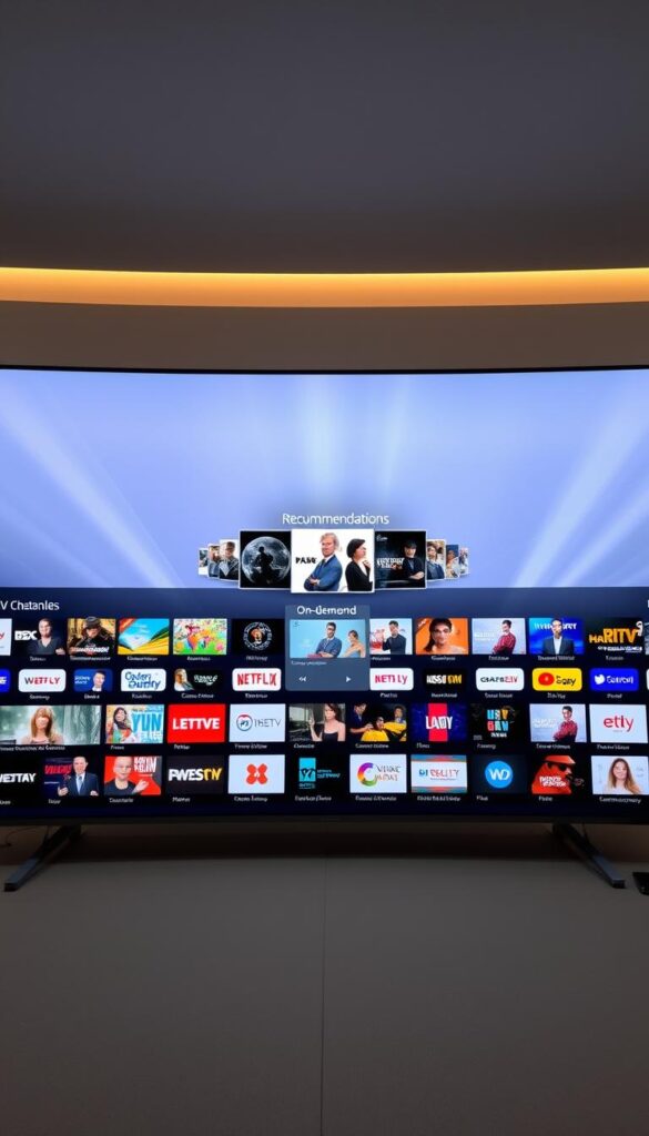 An expansive, modern IPTV interface showcasing the diverse programming offerings of IPTVANBIETERTV. The interface is sleek and intuitive, with elegant typography and high-quality channel icons. In the foreground, a grid of popular live TV channels takes center stage, inviting the viewer to explore the robust selection. The middle ground features a curated recommendation carousel, highlighting the breadth of on-demand content. In the background, a subtle gradient or abstract pattern sets a sophisticated tone, complementing the overall aesthetic. The lighting is crisp and natural, creating a sense of depth and clarity. The camera angle is slightly elevated, giving the viewer a comprehensive overview of the interface's layout and functionality.