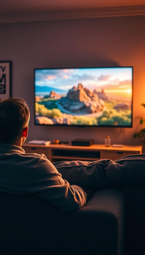 An immersive and cinematic image of a high-quality IPTV streaming service in action. The scene depicts a living room setting with a large flatscreen TV in the center, showcasing vivid, lifelike imagery with exceptional detail and clarity. The lighting is warm and natural, creating a cozy and inviting atmosphere. In the foreground, a person is comfortably seated on a plush sofa, fully engrossed in the captivating content streamed by the IPTVANBIETERTV service. The background is slightly blurred, emphasizing the viewer's focus on the mesmerizing display. The overall composition conveys a sense of reliability, dependability, and a premium viewing experience.