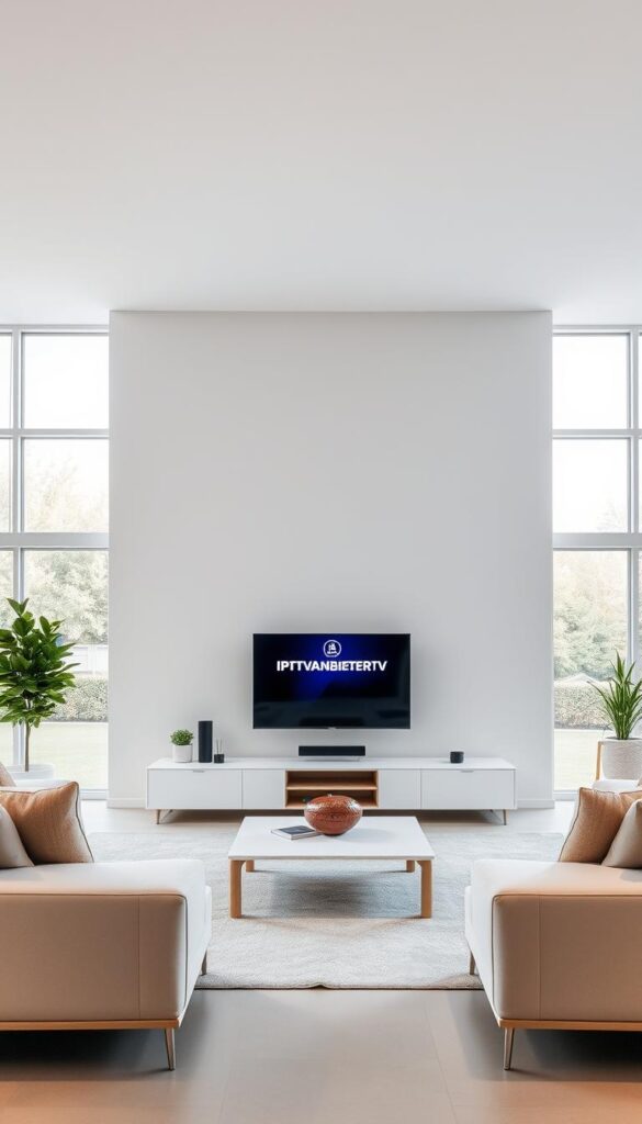 An interior scene of a modern living room with a large TV screen displaying the "IPTVANBIETERTV" logo. The room is bright and airy, with large windows letting in natural light. The TV is mounted on a sleek, minimalist entertainment unit, surrounded by comfortable seating. The walls are painted in a neutral, calming color palette, and the decor is contemporary and uncluttered. The overall atmosphere is one of relaxation and entertainment, perfect for enjoying the upcoming FIFA World Cup 2026 matches. The lighting is soft and diffused, creating a warm and inviting ambiance.