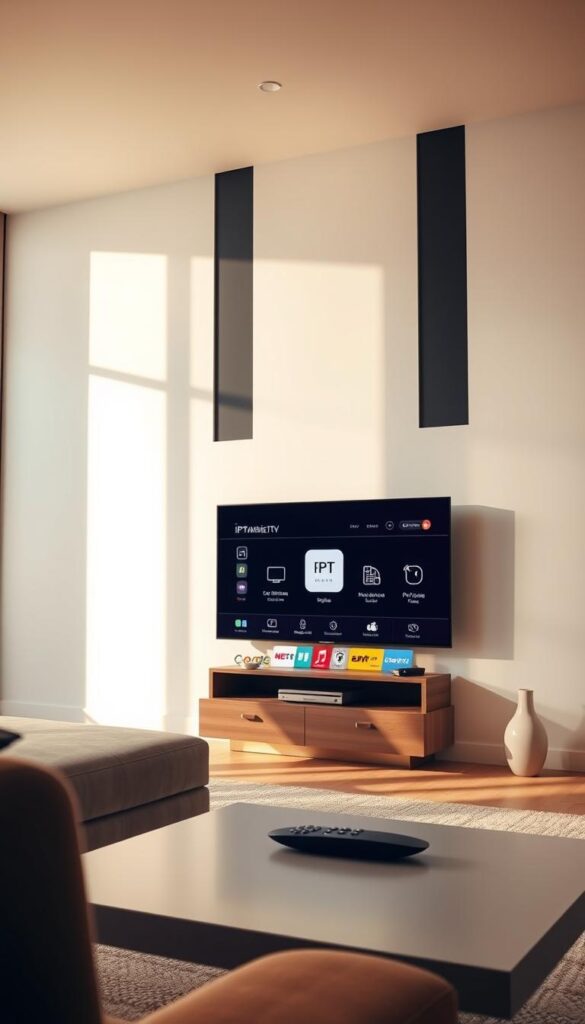 An interior scene of a modern living room, with a large flatscreen TV mounted on the wall. The TV screen displays the IPTVANBIETERTV app, showcasing its intuitive user interface and comprehensive device support. The room is bathed in warm, natural lighting, with clean lines and minimalist decor. A coffee table with a sleek remote control sits in the foreground, hinting at the seamless user experience. The overall atmosphere is one of technological sophistication and domestic comfort, reflecting the app's ability to cater to a wide range of devices and user preferences.